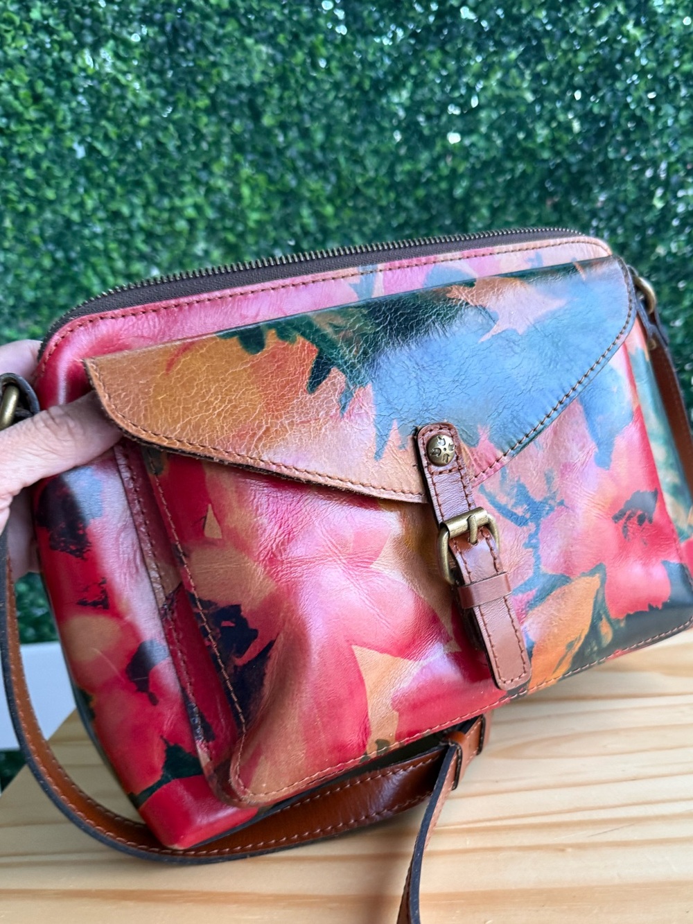 Patricia Nash Floral Leather Crossbody Bag Red Green Cognac Boho Vintage